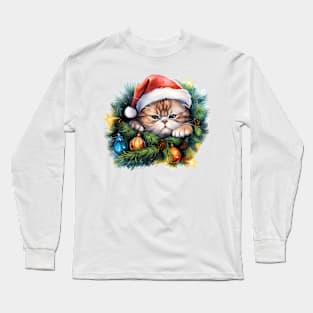 Lazy Exotic Shorthair Cat At Christmas Long Sleeve T-Shirt